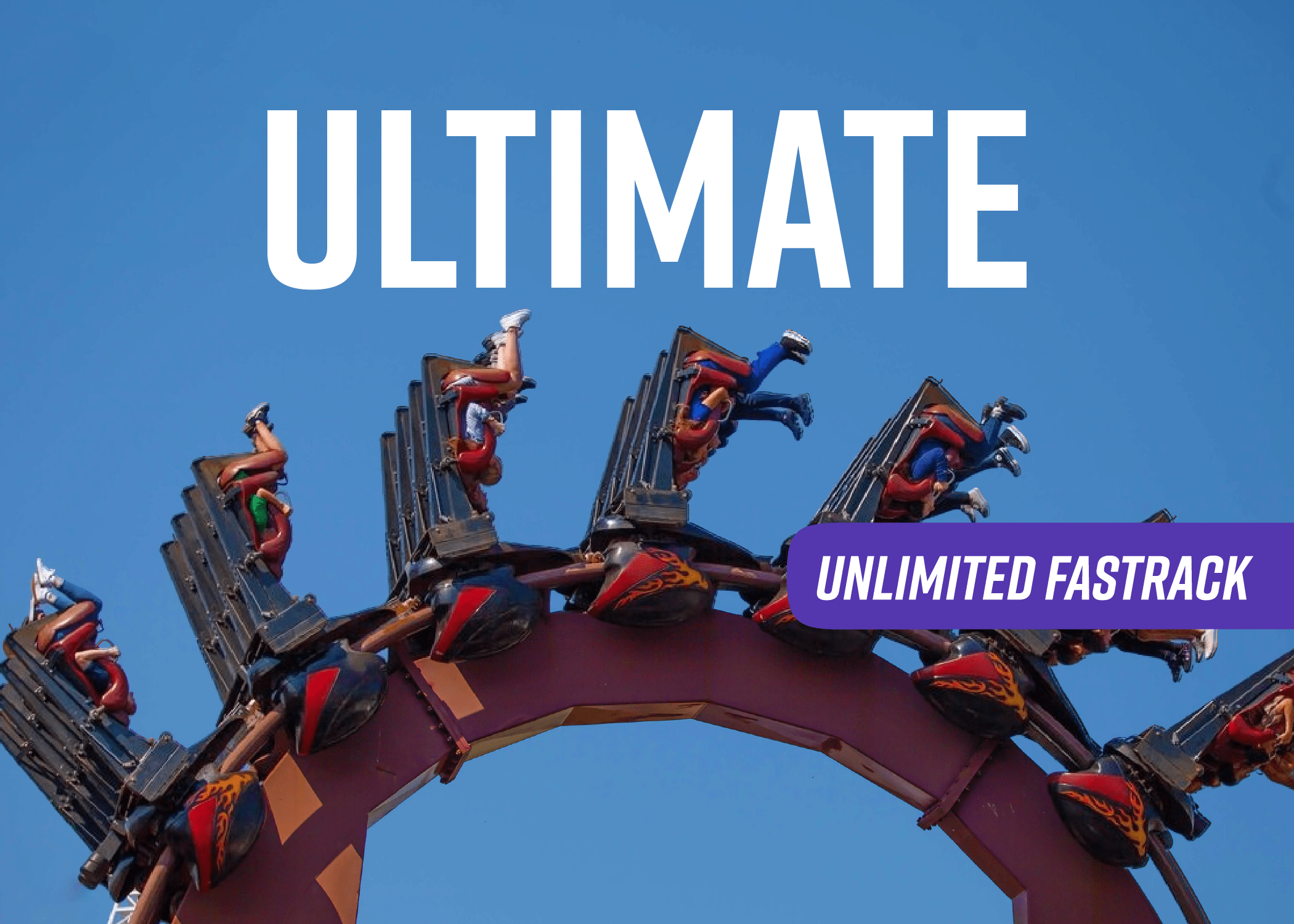 Unlimited Fastrack Speech Bubbles with guest on the inverted loop of Nemesis Inferno with a blue sky background 